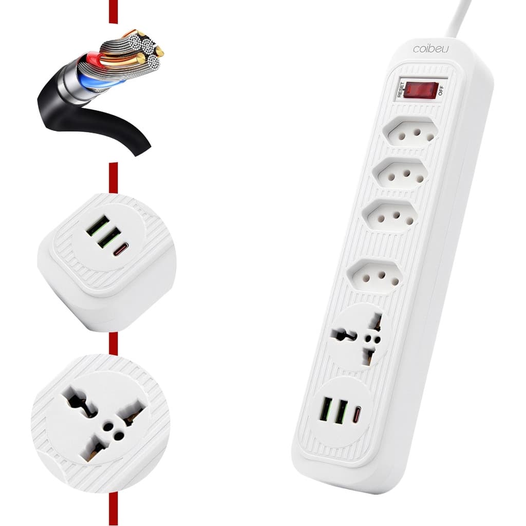 Filtro de Linha, Régua  4 tomadas comuns, 2 portas USB Type-C, 1 micro USB e 1 Tomada Universal