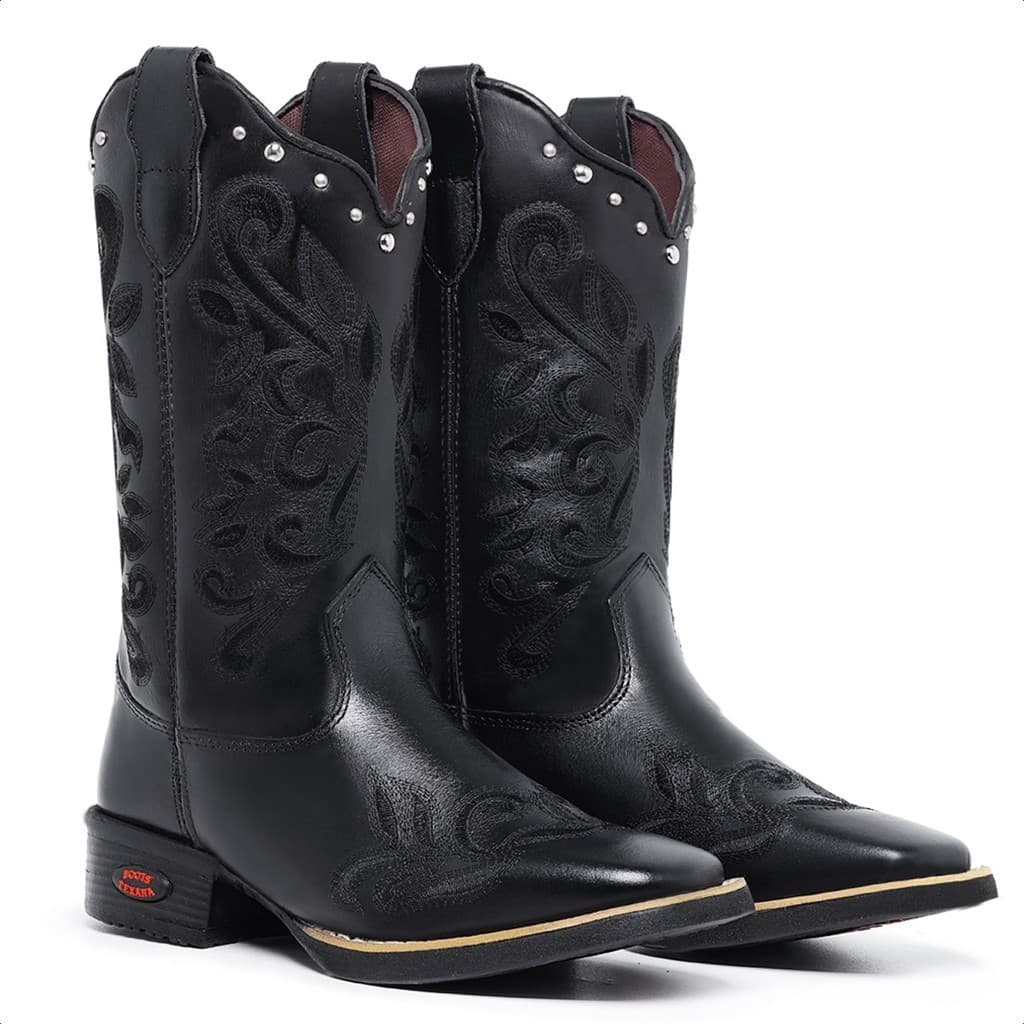 BOTA TEXANA FEMININA BORDADA LATEGO PRETO/ECO PRETO COM STRASS COUNTRY COURO COWBOY LONGO REF 6145
