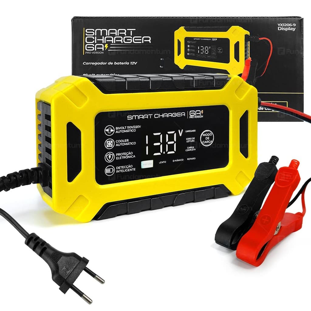 Carregador de Bateria Automotivo Smart Charger 6A Pro Version Display Digital Completo 12V Carro
