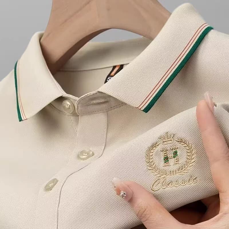 Nova camiseta masculina de manga curta bordada cor sólida lapela All-Match camisa polo absorvente de suor