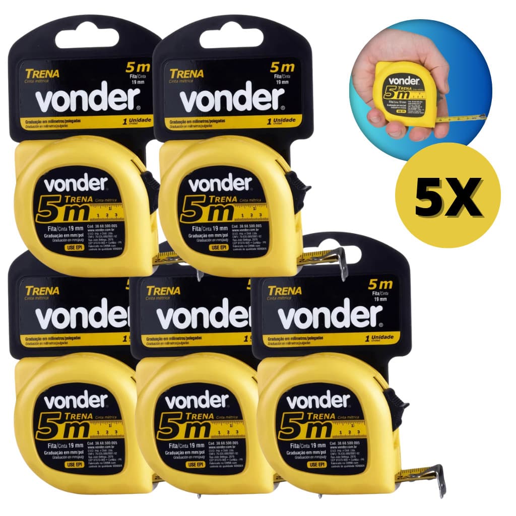 kit Trena 5 Metros VONDER 5 Unidades Fita Métrica 19mm em Aço com Trava Durável
