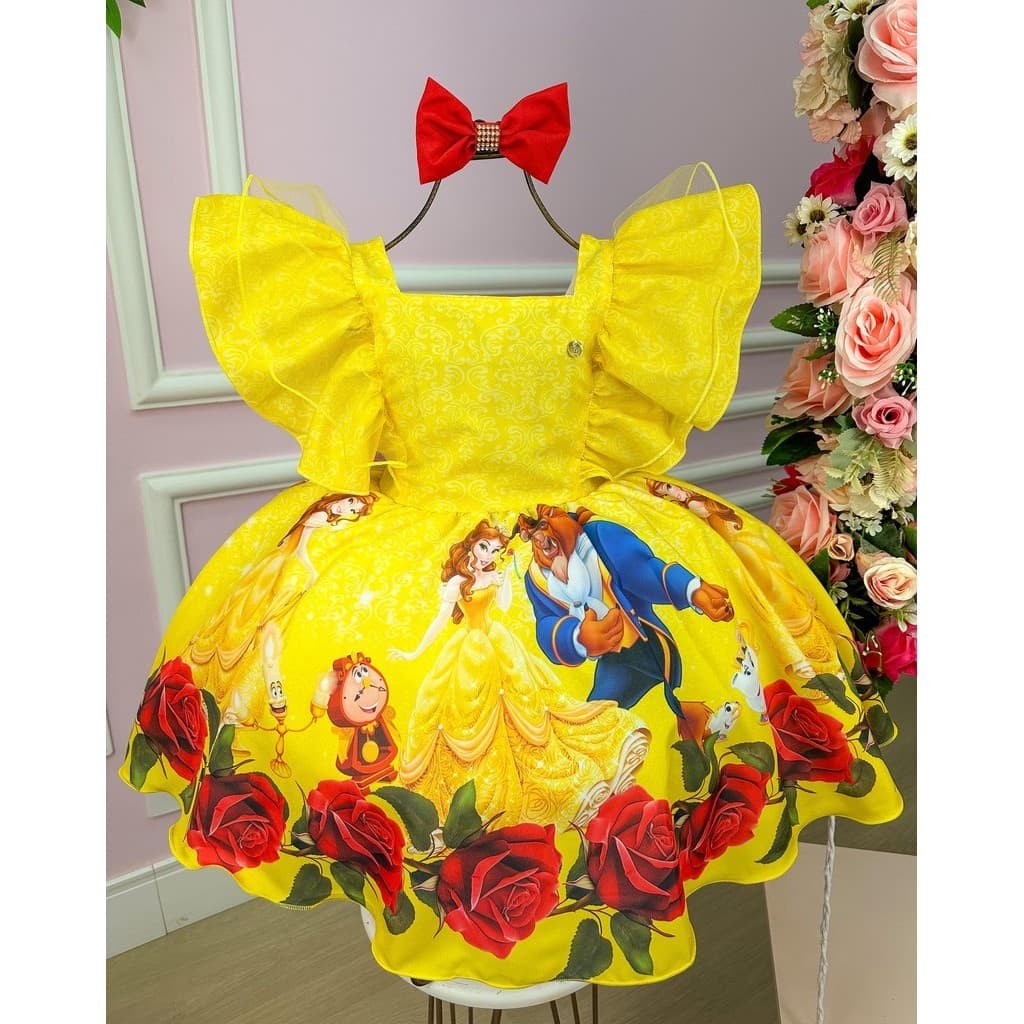 Vestido Infantil Juvenil A Bela e a Fera Temático Festa Casual Menina Aniversário Luxo Sofisticado
