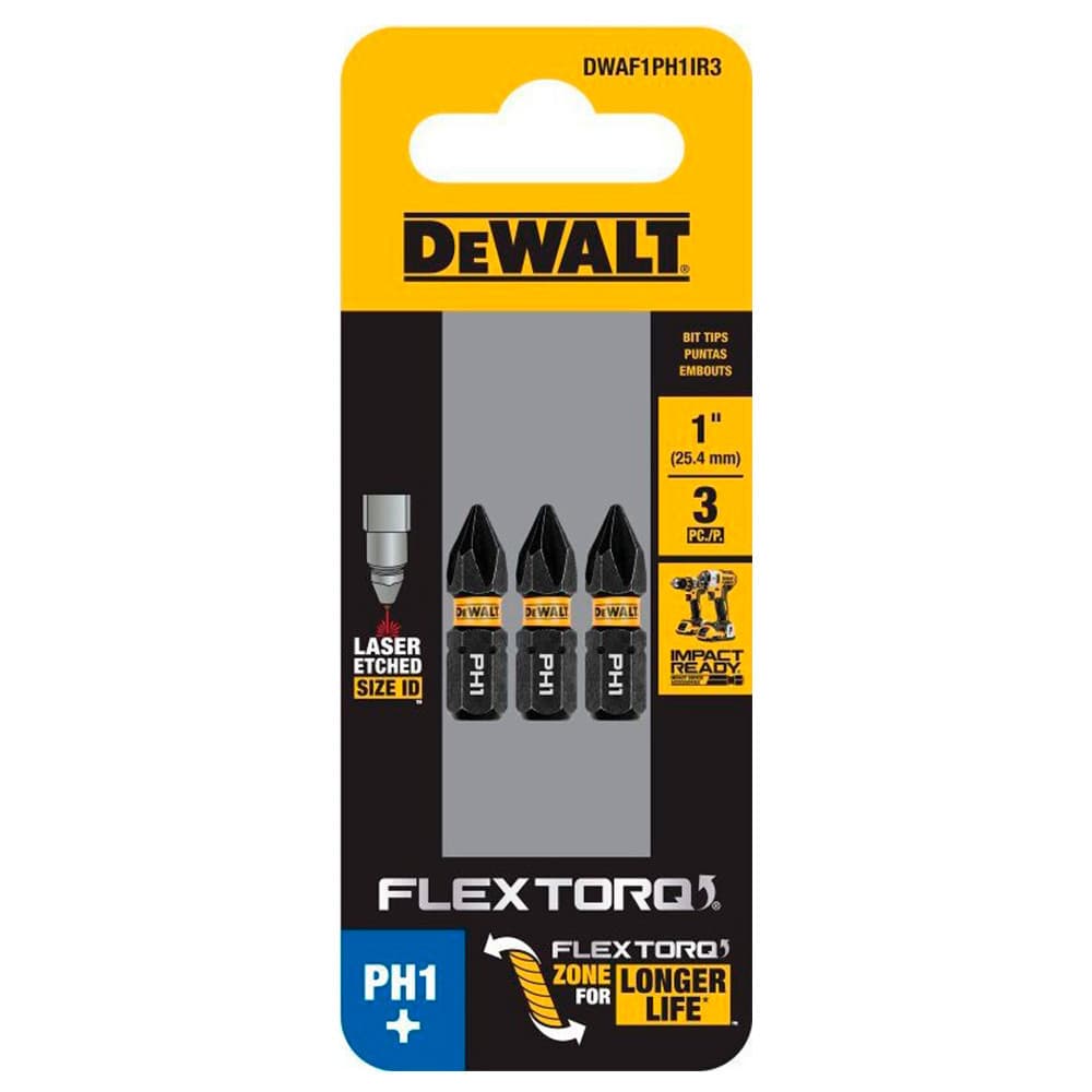 Kit com 3 Bits Phillips de Impacto PH1 x 25mm Flextorq Dewalt DWAF1PH1IR3