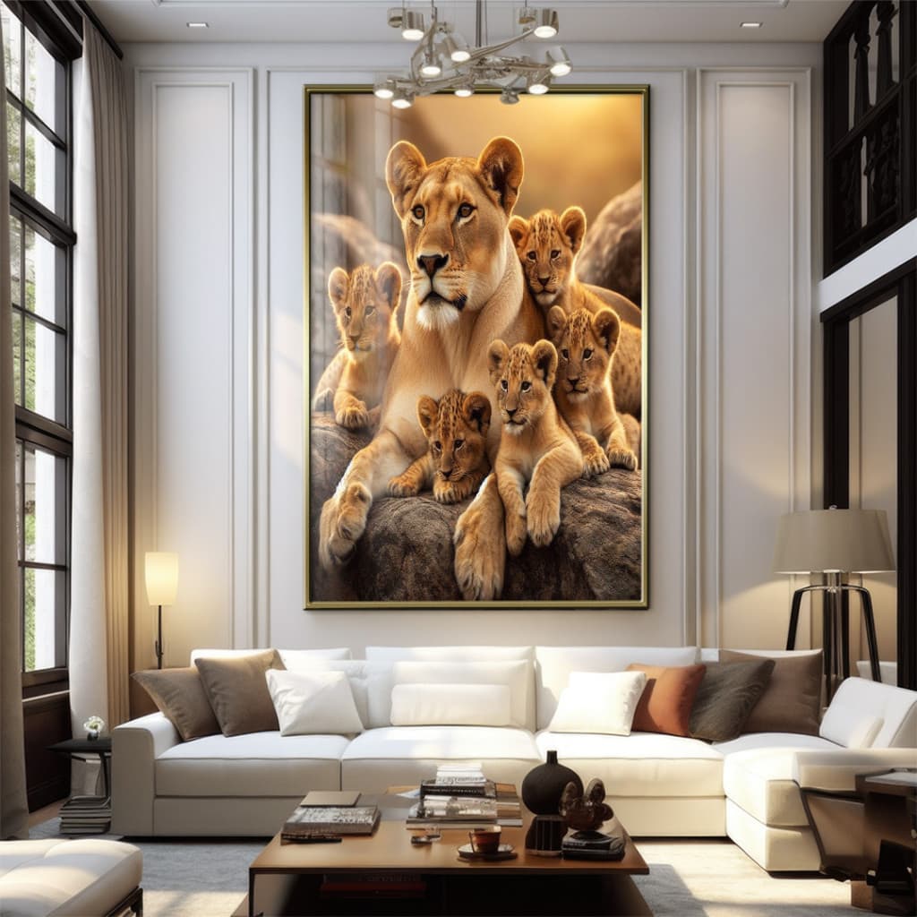 Quadro Decorativo GRANDE Alta Resolução Para Sala Quarto Escritório Leoa com cinco filhotes vertical
