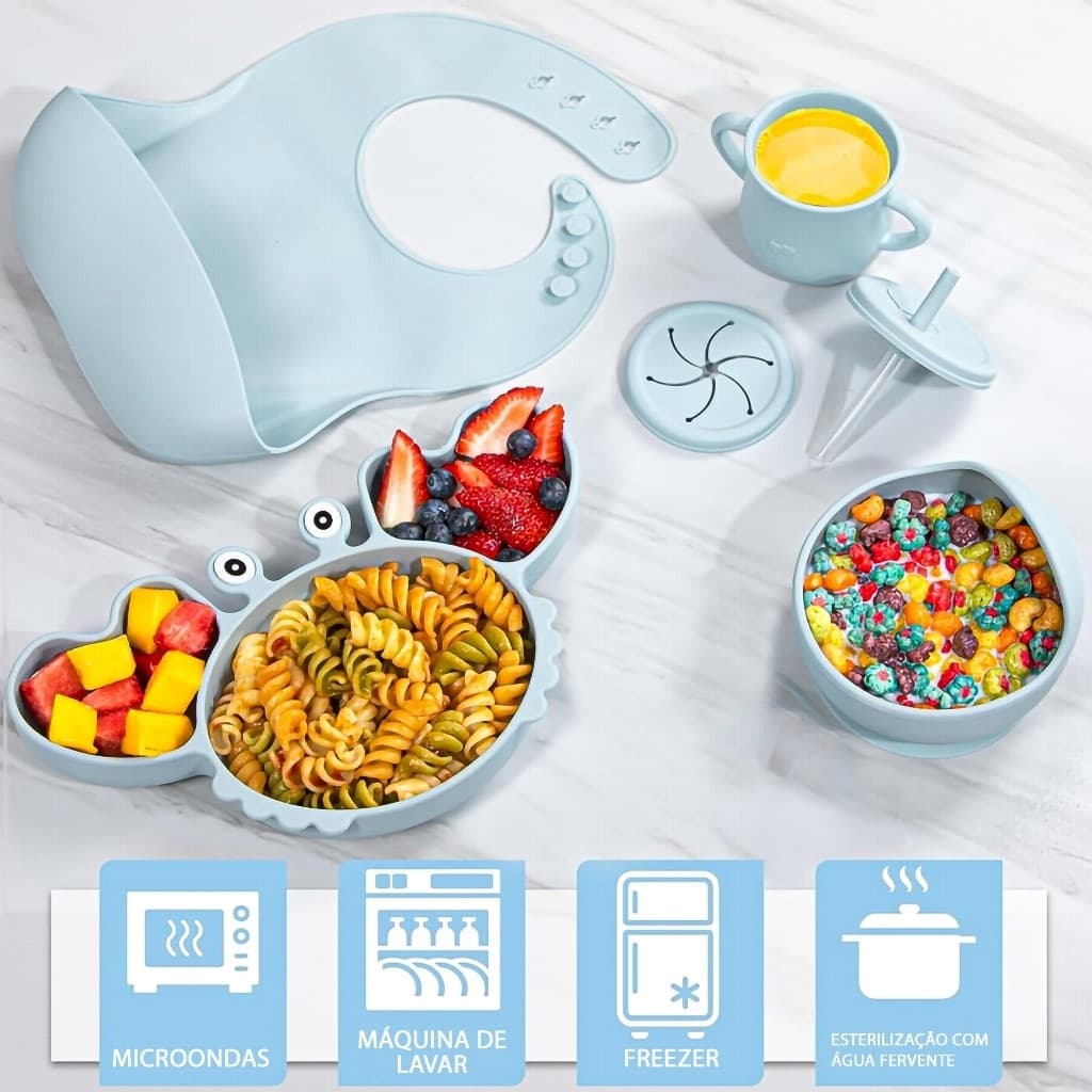 Conjunto Refeição De 7 Peças Para Bebe De Silicone Com Ventosa Canudo Talher e Babador - A789