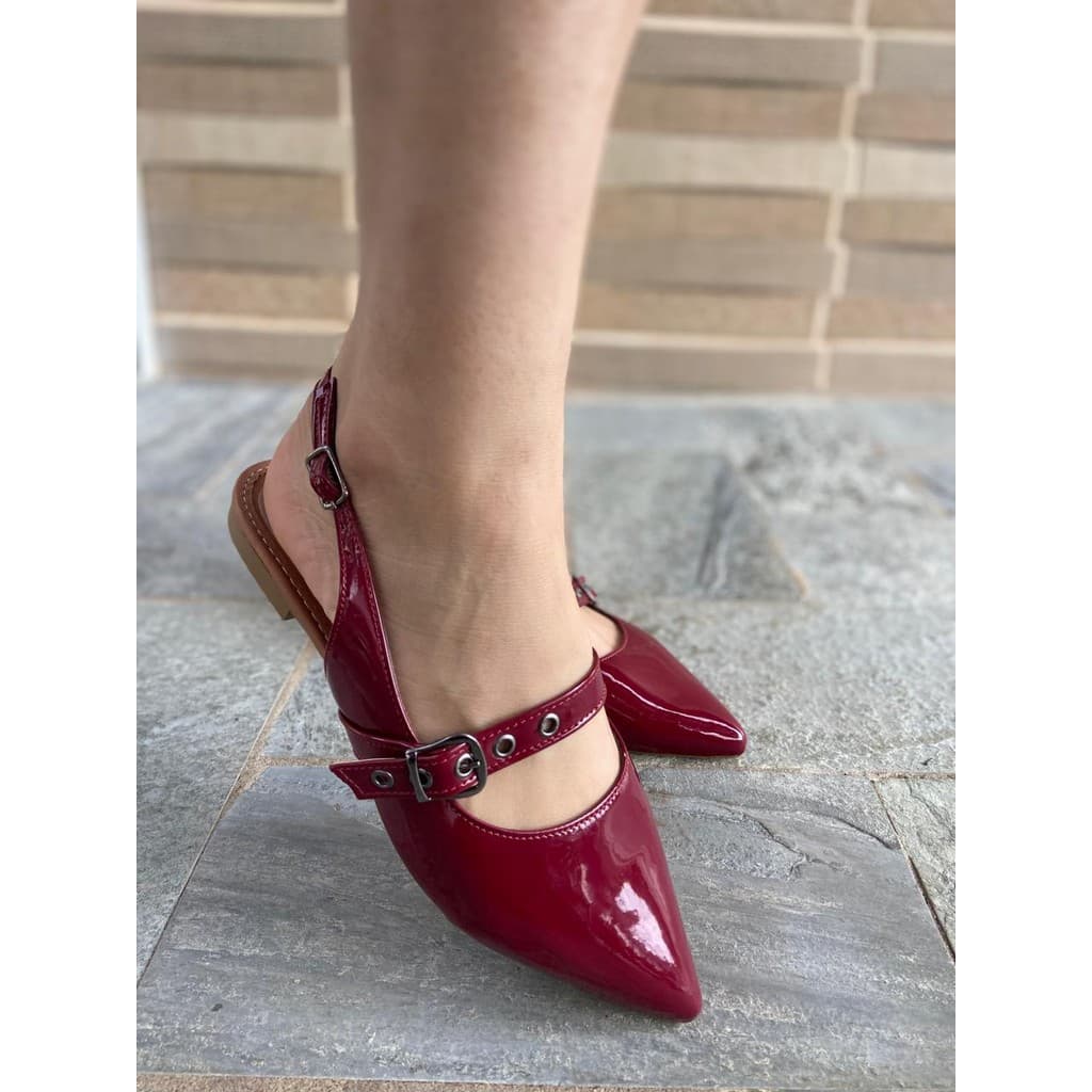 Sapatilha Feminina Verniz Marsala Fivela Onix Bico Fino 0070