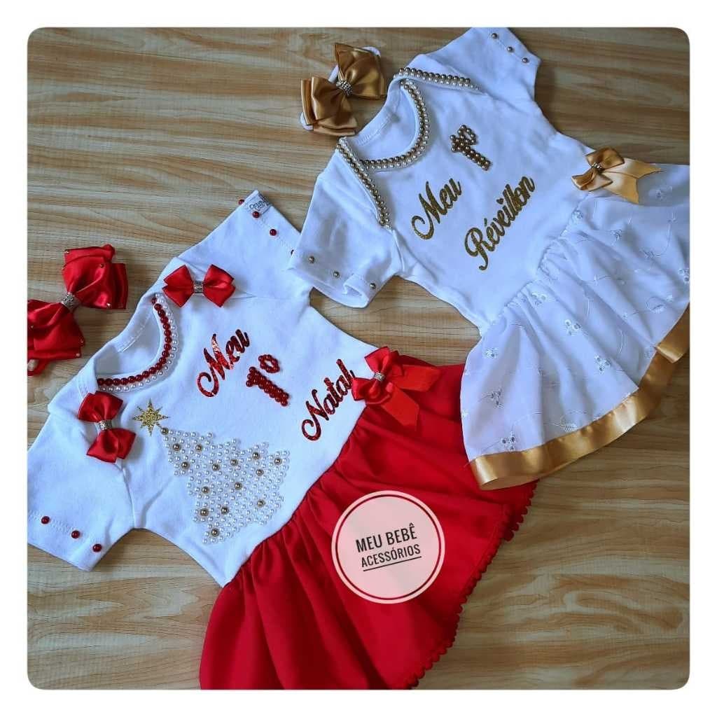 Meu 1º Natal – Vestido Body Bebê Menina com Laços e Pérolas • Pronta Entrega • Envio Rápido