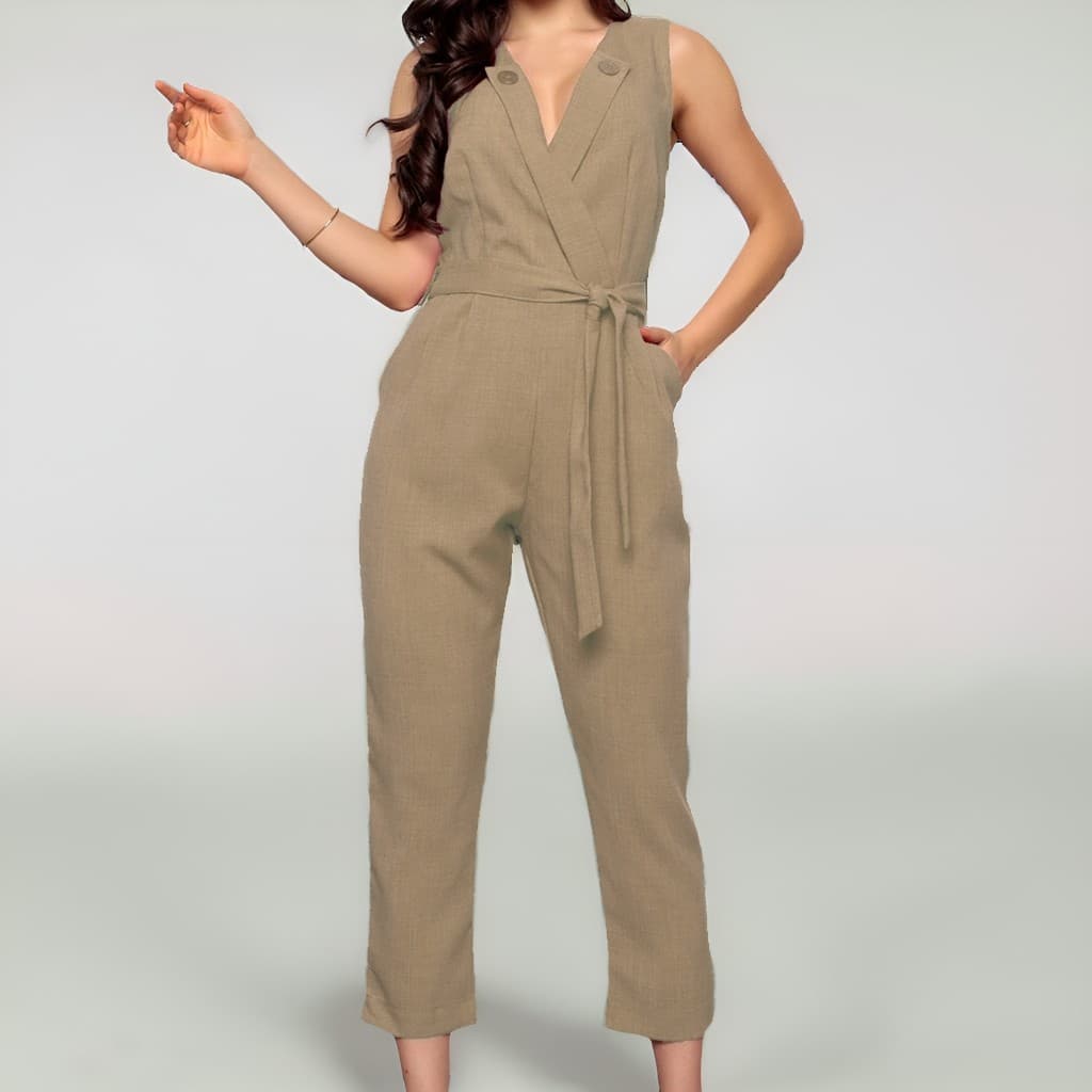 Macacão Feminino De Linhão Com Faixa De Amarração Lateral E Bolso E Decote Sensual Em V Com Detalhes De Botões e Botão atrás Moda Nova Verão/ Primavera QIQI Moda