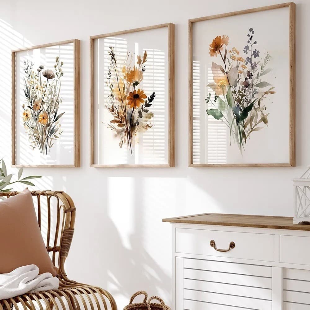 Quadro decorativo 3 peças 40x60 flor neutra florais coloridas planta aquarela decoração para casa sala quaro hall