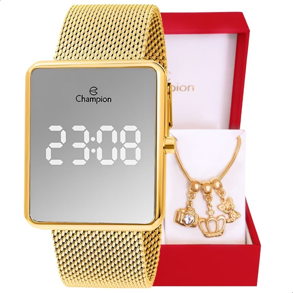 Relógio Feminino Champion Digital Espelhado Original  CH40083B Dourado + Pulseira Berloques