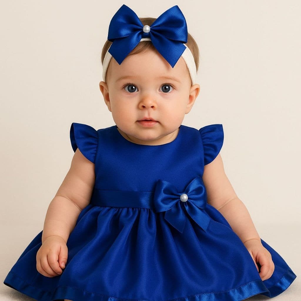 Vestido Bebê Menina Princesa Luxo Azul Royal Com Tiara