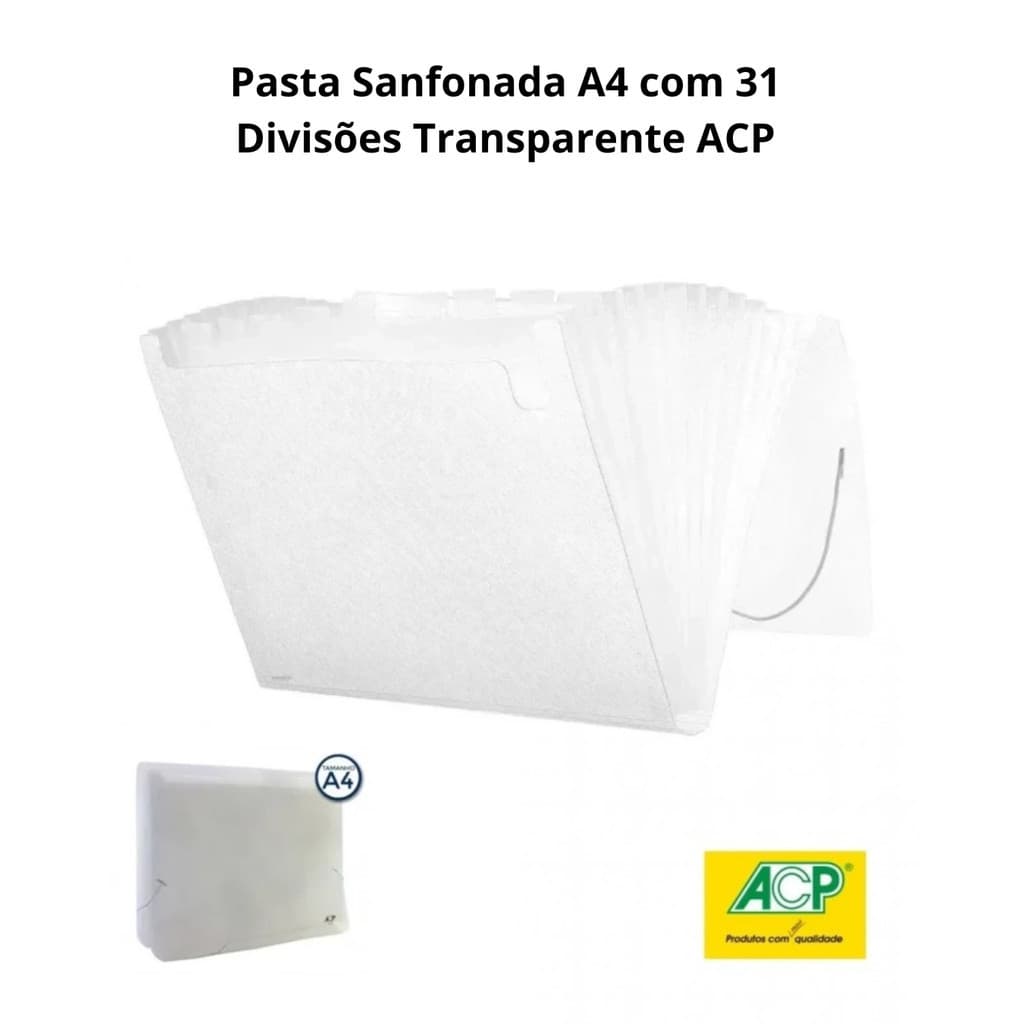 Pasta Sanfonada A4 com 31 Divisões Transparente ACP