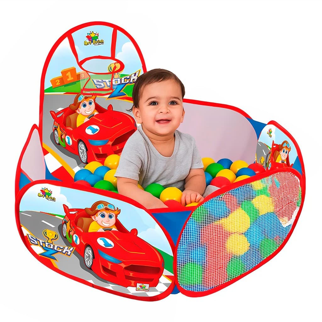 Piscina De Bolinhas Art Brink 90x90 cm Infantil Dobrável Com Cesta Basquete Vermelha