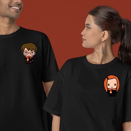Camiseta Kit Casal Harry Potter + Gina ALL BLACK Algodão Unissex