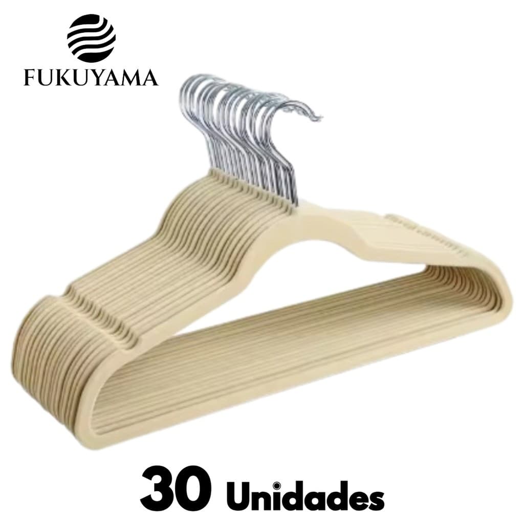 KIT 30 CABIDES DE VELUDO BEGE ULTRA FINO ADULTO FUKUYAMA Antideslizante Slim Com Gancho Giratório 360