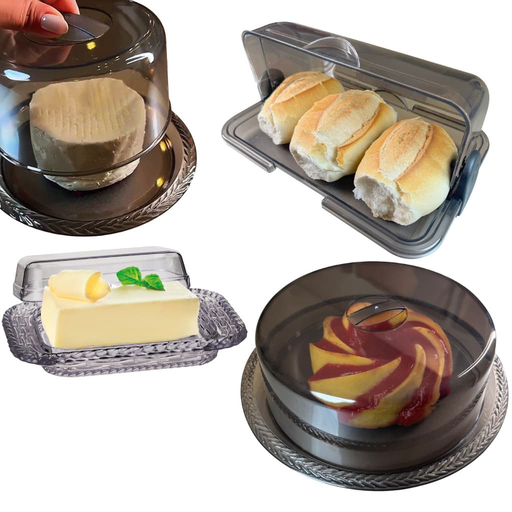 Conjunto Mesa Posta com Porta Pão - Boleira - Queijeira E Manteigueira Acrílico Fumê Keita