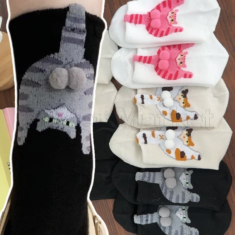 1-4 Pares De Meias Fofas De Gato 3D Com Bolas ﻿-Respirável , Macio , Confortável Meia Tubo Médio Estampa De Gatinho Engr
