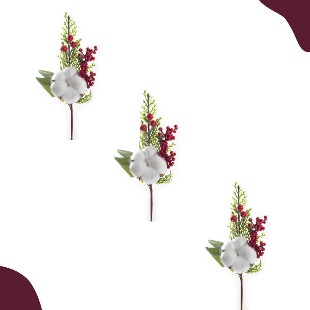 Kit 3 Enfeite Decorativo Natalino - Haste Pick Azevinhos Nevados Com Algodão - Decoração árvore de Natal Luxo