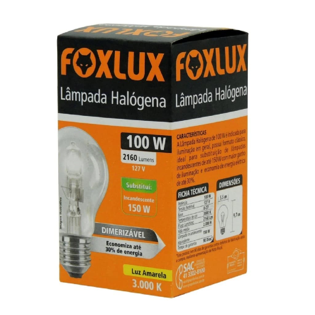 Lâmpada Halógena Foxlux 100W E27 127V Clássica com Alta Luminosidade e Luz Amarela 3000K