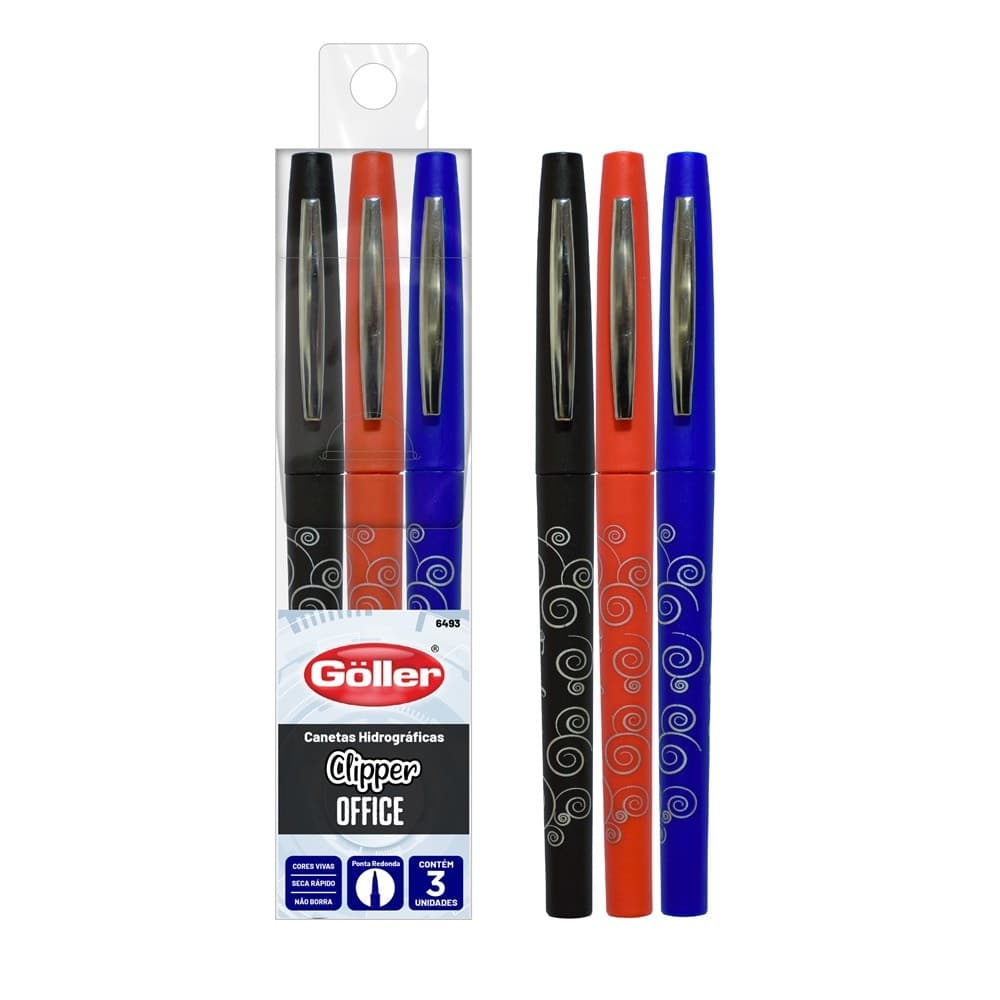 Caneta Hidrográfica Clipper Office Jogo 3 Unidades Göller