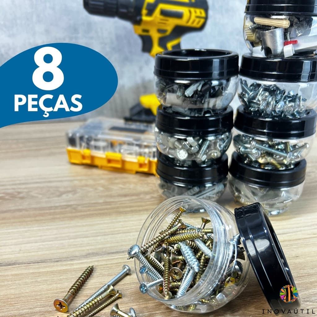 Organizador 8pçs Porta Parafuso Empilhável Prego Porca Ferramenta C/Tampa Rosca