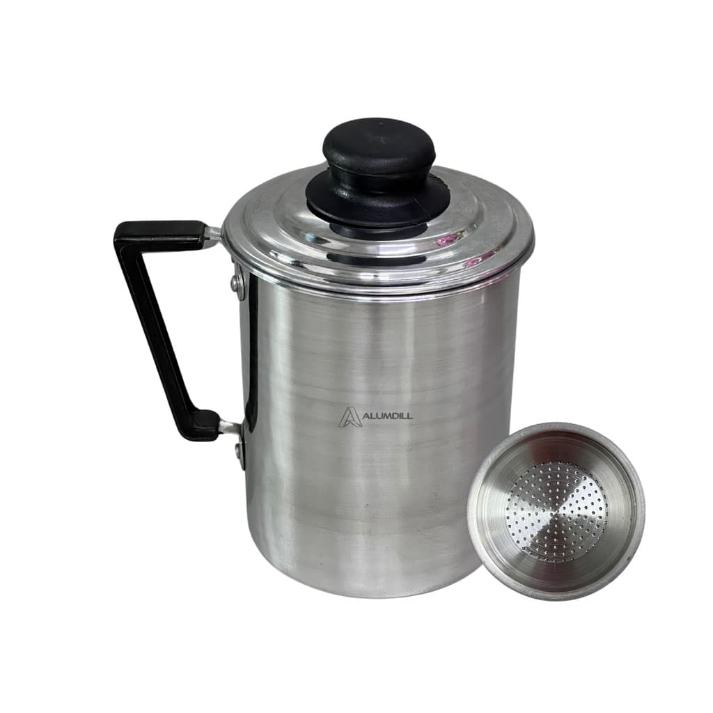 Filtro Caneco de Oléo Peneira de Cozinha em Alumínio com Coador Ralo 1 Litro Polido Copo com Filtro