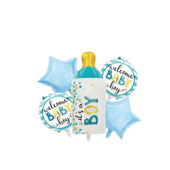 Kit de Balões Metalizados Bexiga 5 Peças Mamadeira It´s a Boy Azul Chá de Revelação