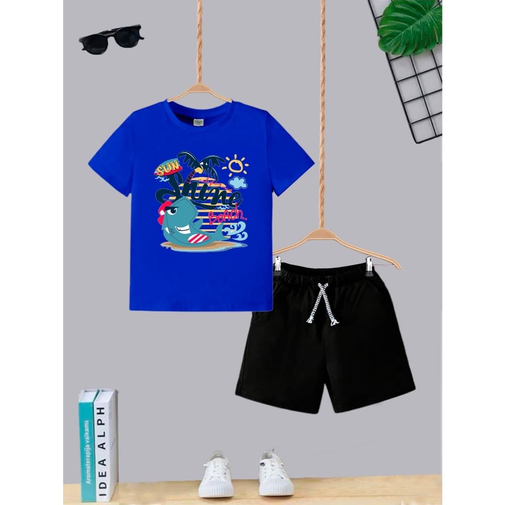 Camiseta + Short Conjunto Infantil Shine Beach Shark Moda Teen Kids Bolso Lateral