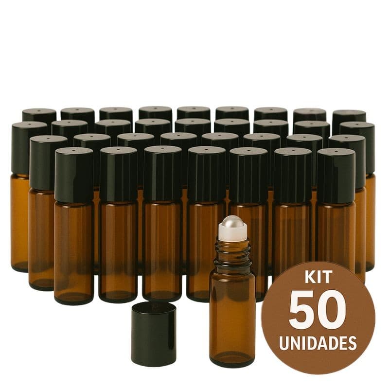 Kit 50 Frascos De Vidro Garrafinha Ambar Roll-on 5ml Com Tampa e Esfera em Inox