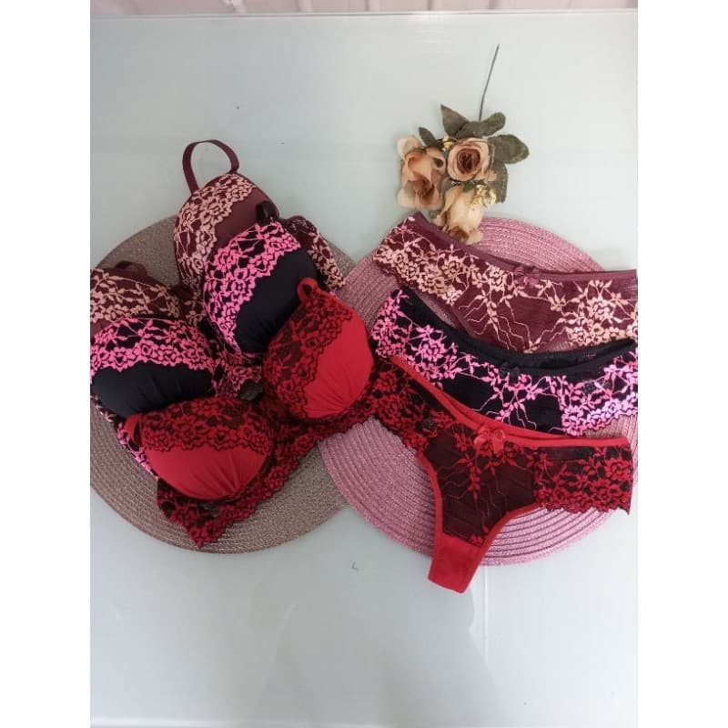 Kit 3 Conjunto Gabi Sutiã e calcinha Renda Conjunto de microfibra de bojo com renda bicolor
