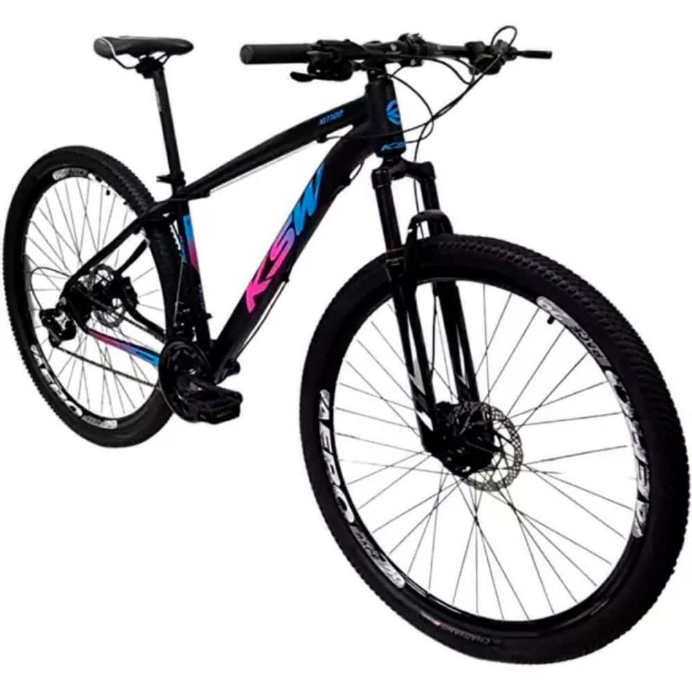 BICICLETA ALUMÍNIO ARO 29 KSW 24V SHIMANO COM SUSPENSAO E FREIO A DISCO TAMANHO 15 PRETO AZUL ROSA