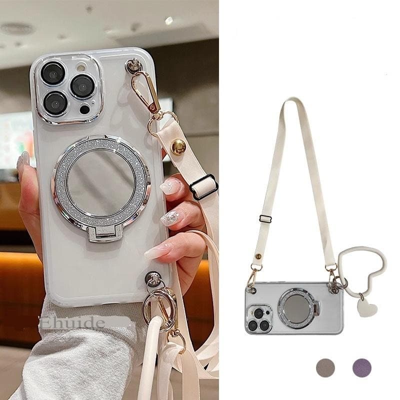 iPhone 17 16 15 14 13 Pro Max 16E Espelho Suporte Alça De Seda Caso Transparente Crossbody Pescoço Cordão Capa Mole