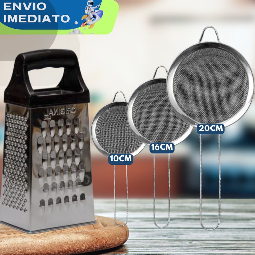 JOGO Utensílios Ralador e Peneiras INOX 20cm 16cm 10cm Qualidade Premium Cozinha Restaurante Casa Suco Coador Legumes