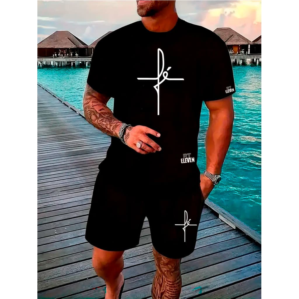 Kit Camiseta Masculina 100% Algodão + Bermuda Moletom Lançamento Estampada Fé gratidão Confortavel  Unissex