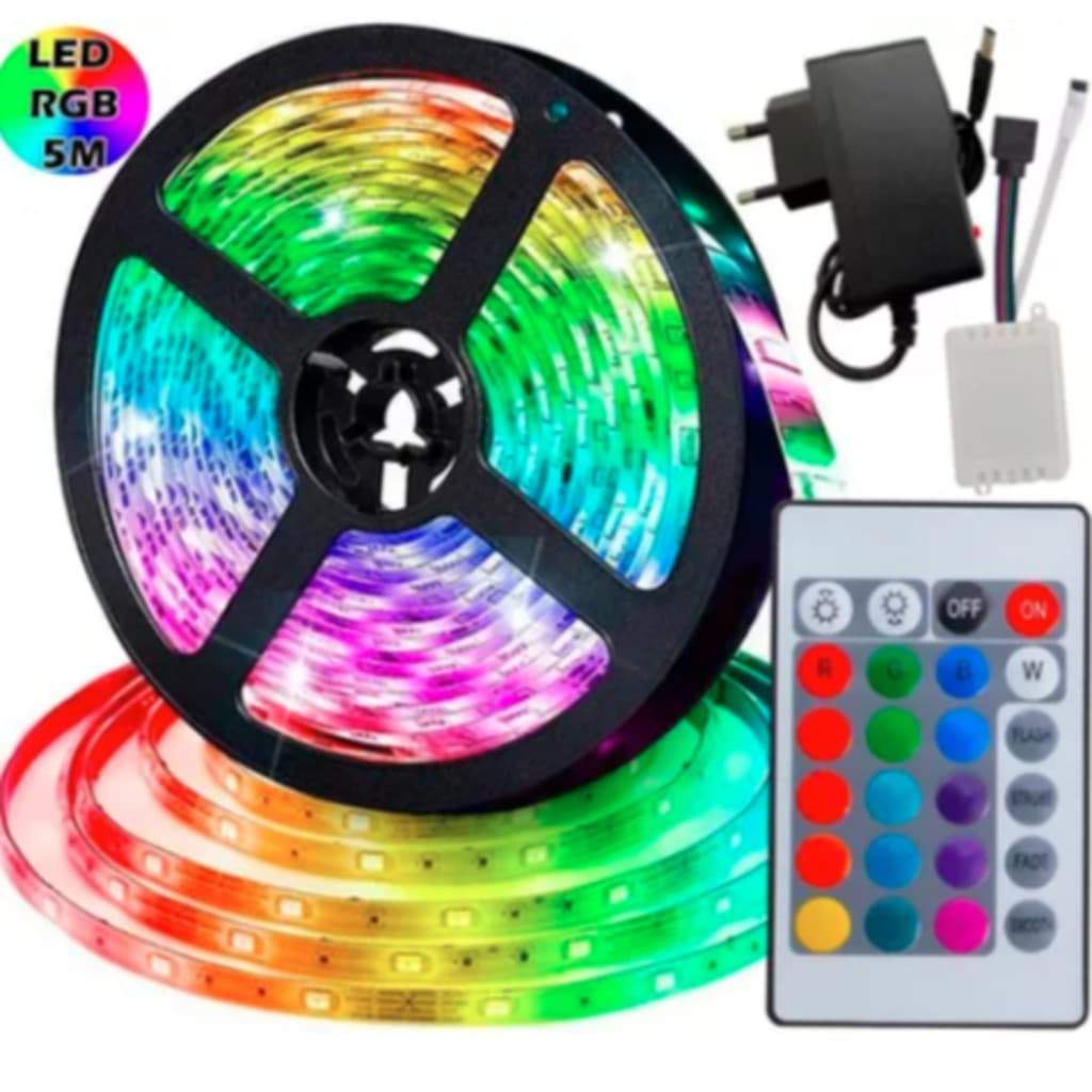 Fita LED RGB 3528 5m com Controle | Iluminação Colorida Econômica | Rolo Flexível para Decoração