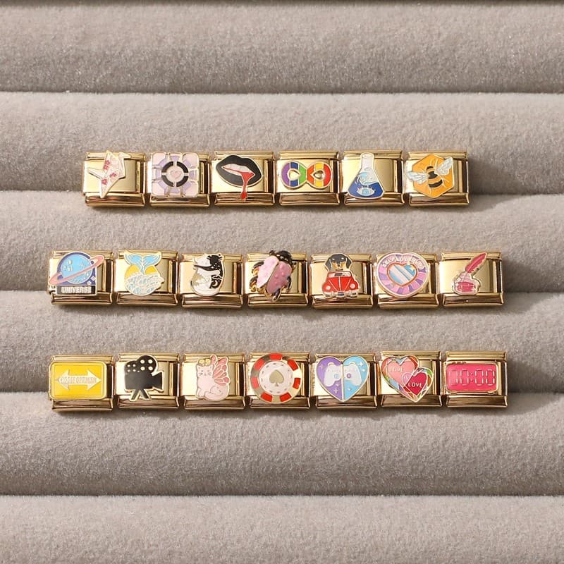 Cats Heart Planet Whale Flowers Gold Color Italian Charm Links Fit 9mm Stainless Steel Bracelet Women Jewelry DIY Making