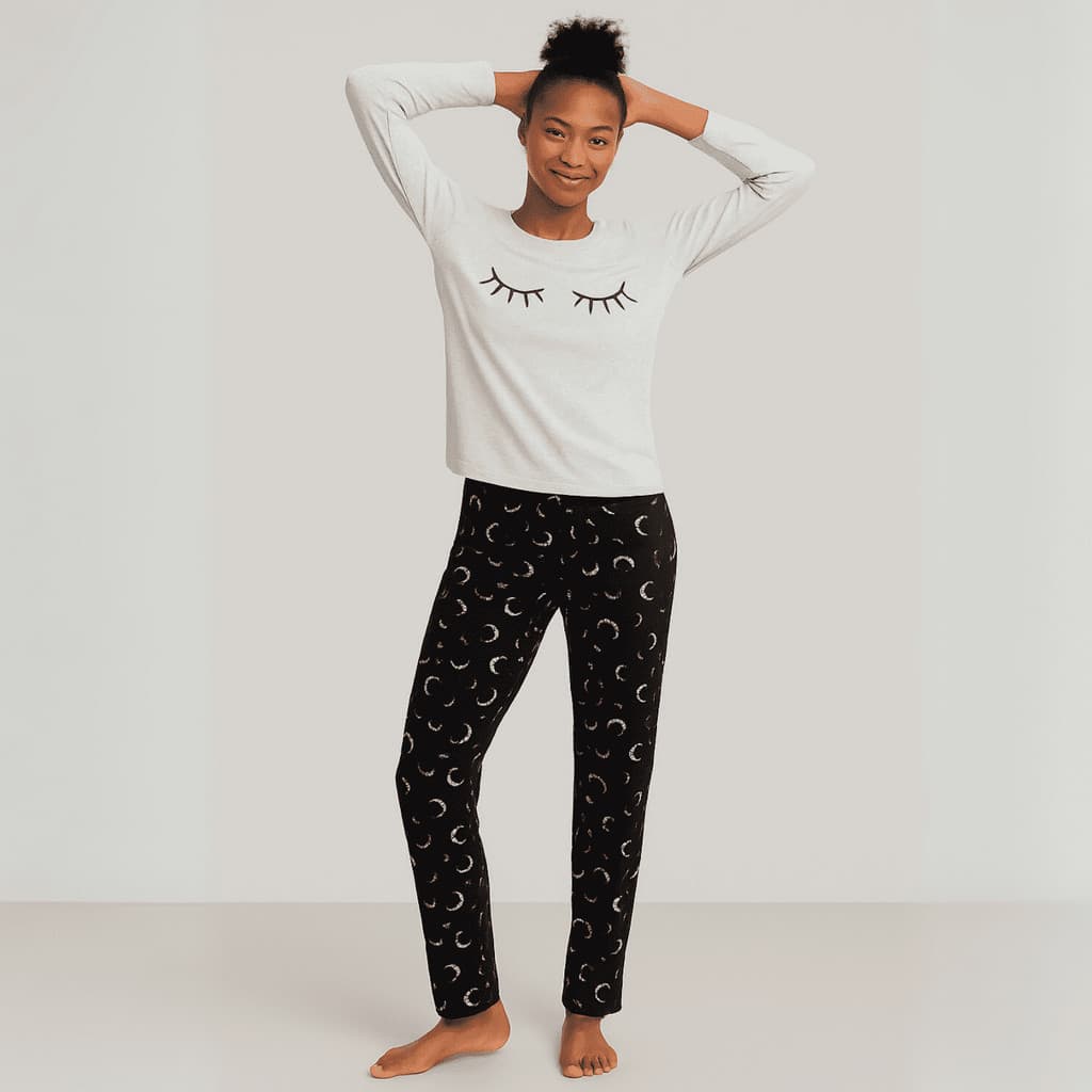 Pijama Longo Feminino Malha Adulto Manga Comprida Cílos Lua
