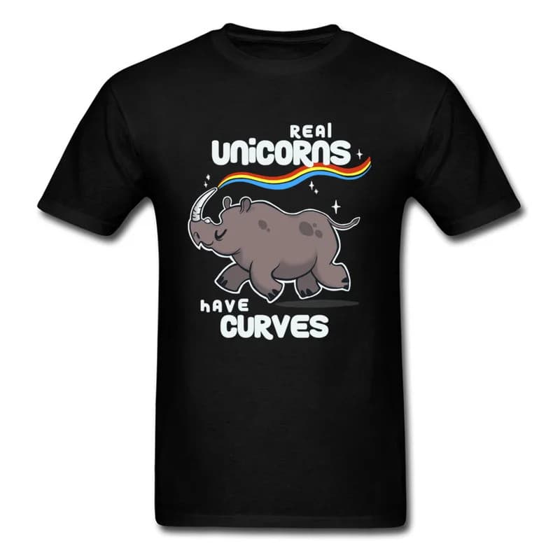 Unicórnios Reais Têm Curvas Camiseta Engraçado Verão T Camisa Masculina Roupas Pretas Arco-Íris Desenhos Animados Topos