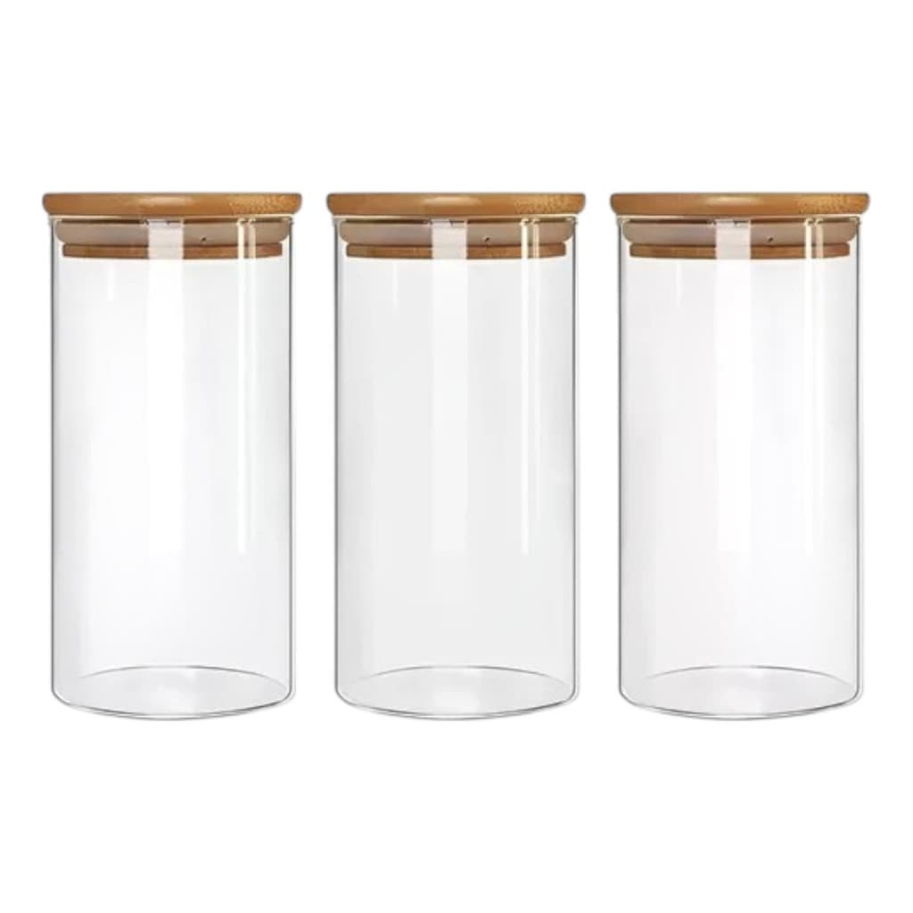 Kit 3 Potes De Vidro Porta Mantimentos Tampa De Bambu Hermética 1.100ml