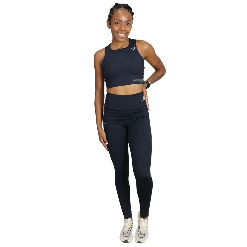Conjunto Feminino Com Compressão Para Corrida Caminhada Academia Treino Indrills Running All Black