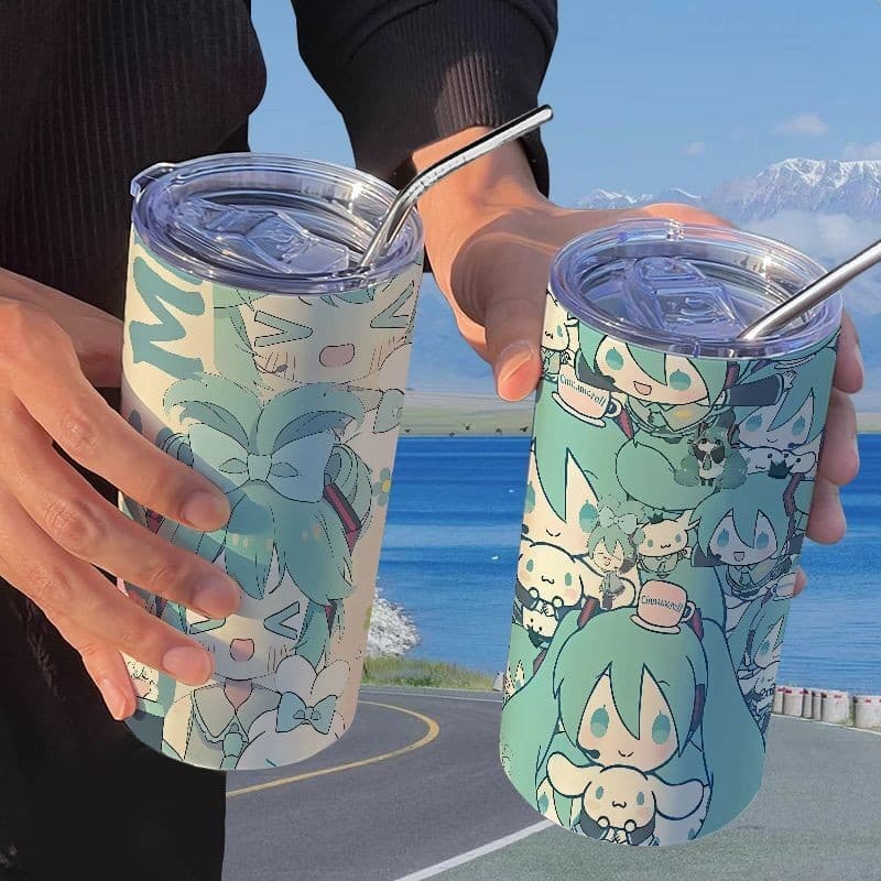 Copo térmico MIKU com canudo, copo casual para café, copo térmico portátil de aço inoxidável com canudo.