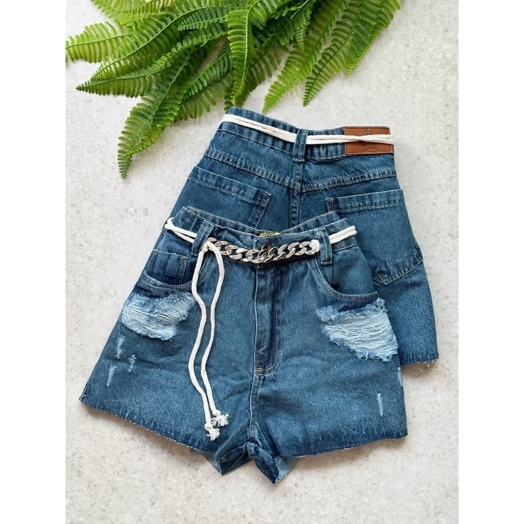 Short Jeans Feminino Cinto Cordinha Corrente Com Bolso