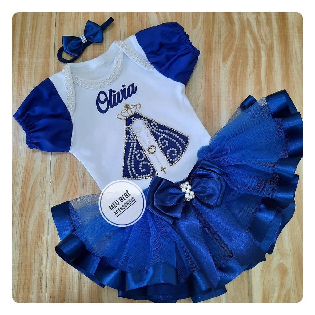 Fantasia de Luxo Body Infantil Personalizado Para Bebê Nossa Senhora Aparecida Saia de Tule Tutu Mãezinha do Céu