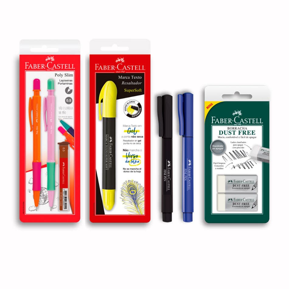 Kit Escrita Rosa Faber-Castell com Lapiseira 0.5mm, Marca-Texto Gel, Caneta Ponta Fina e Borracha