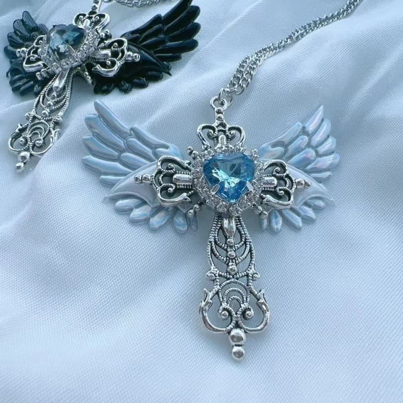 Gótico Estilo Cruz De Anjo Asa Preta Colar Original Subcultura Y2k Pingente De Corrente De Casal Branca