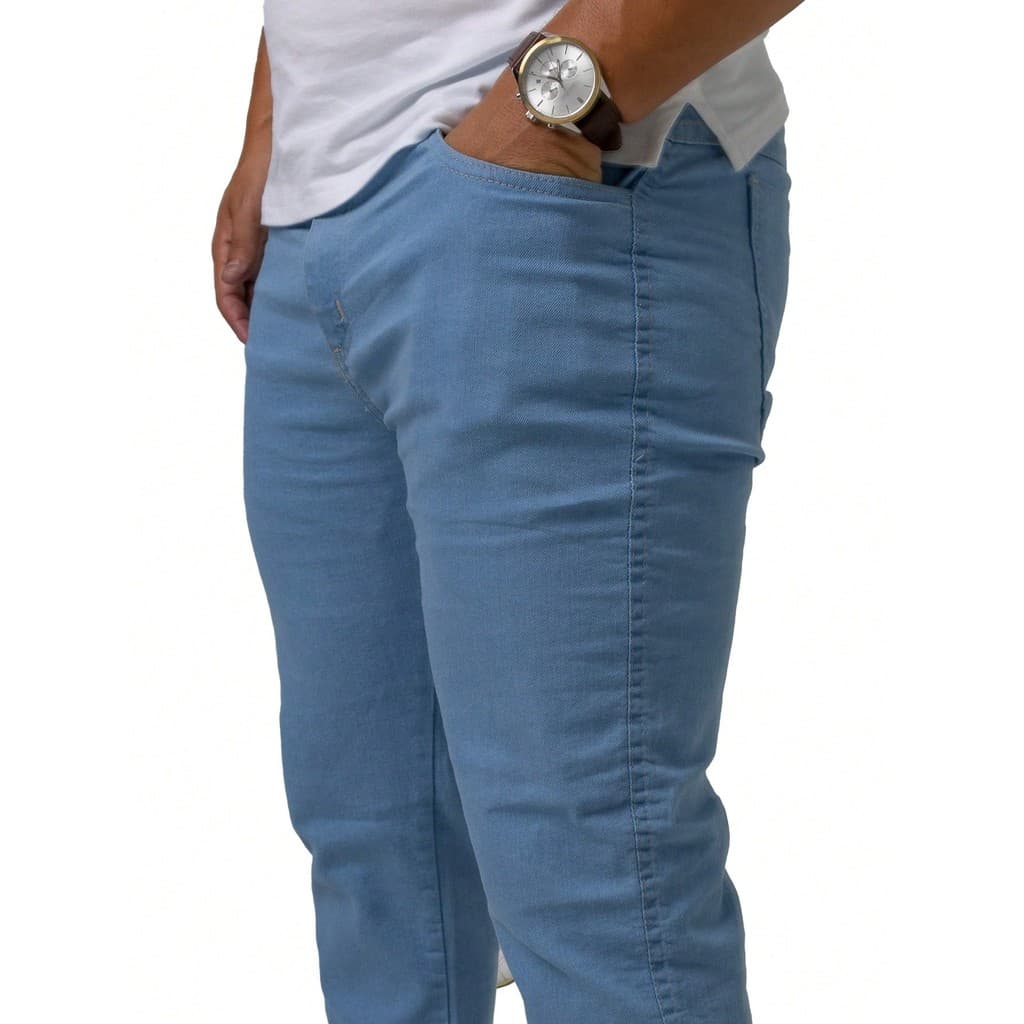 Calca Jeans Slim Fit Masculina  Basica Lycra Azul Claro Elastano Casual Sarja Trabalho Presente Pai