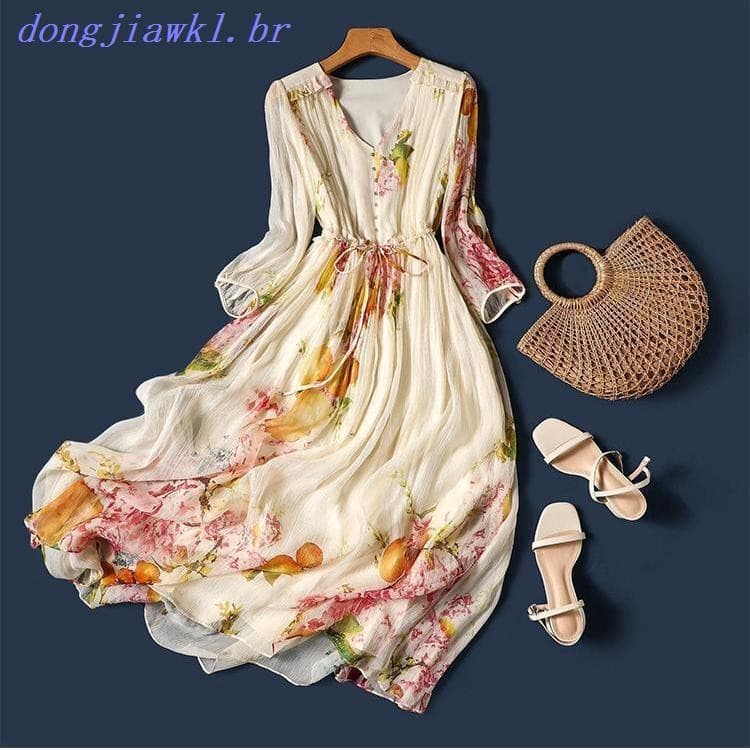 2023 Super Fada Chiffon Linha A Vestido Lady Dress Vintage Feminino Com Decote Em V Temperamento Simulação De Falso Seda