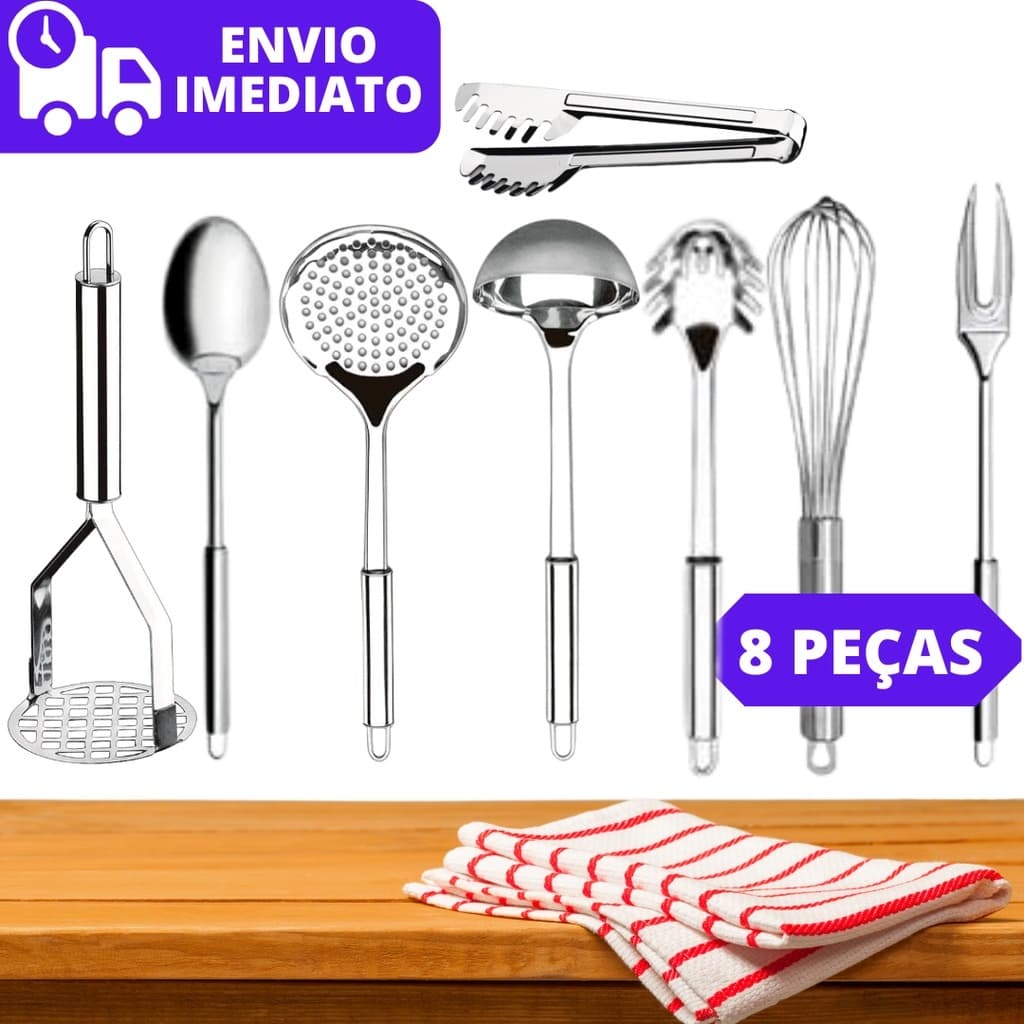 Kit Utensílio 8 Pegadores de Cozinha Talheres 100% Inox
