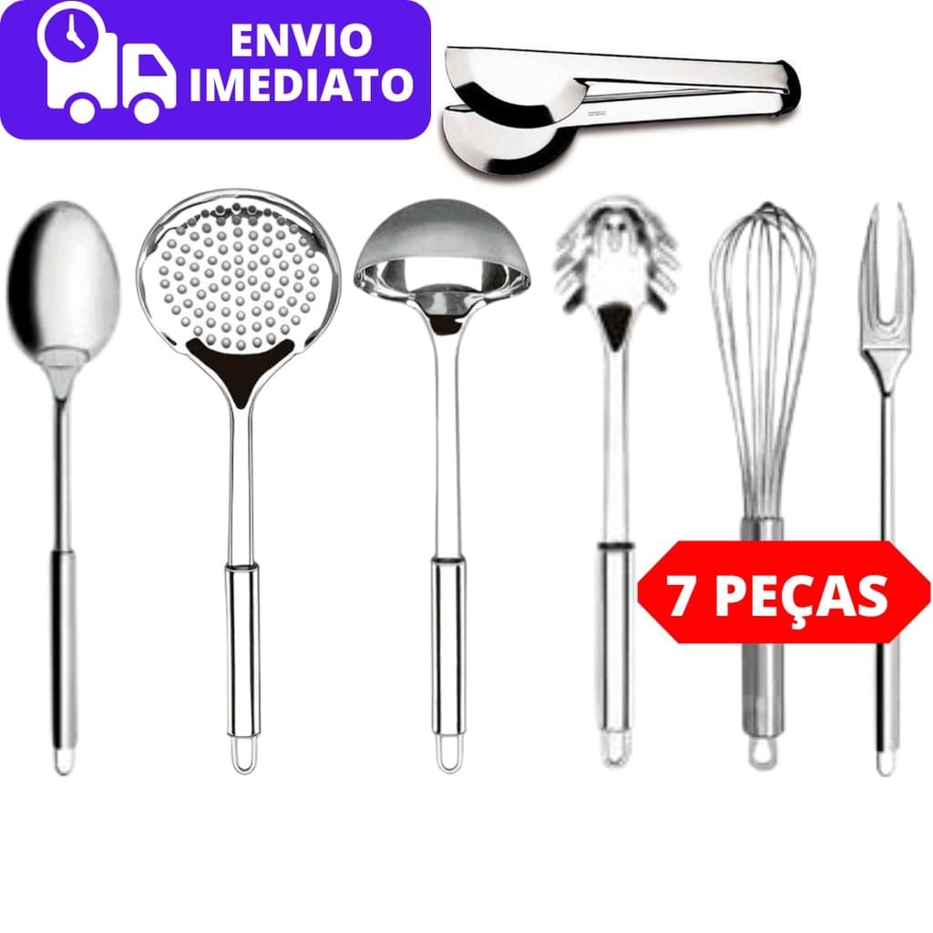 Utensílios de Cozinha 7 Peças Inox Talheres Concha Escumadeira Pegador Colher Garfo Fuet e Pegador Universal