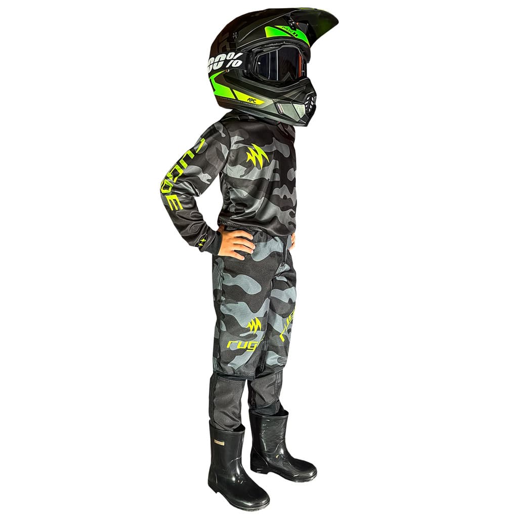 Conjunto Roupa Motocross Infantil Camuflado Verde Neon Rugge